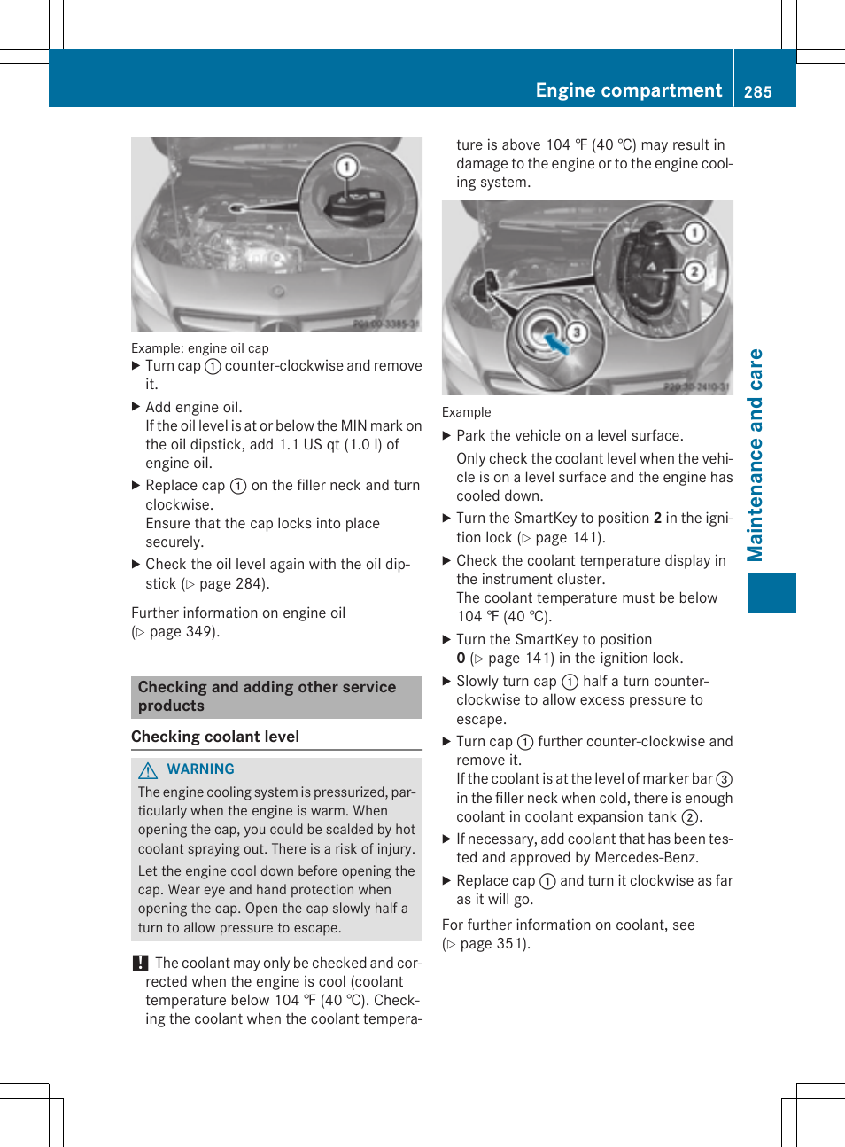 Maintenance and care, Engine compartment | Mercedes-Benz CLA-Class 2014 Owners Manual User Manual | Page 287 / 358