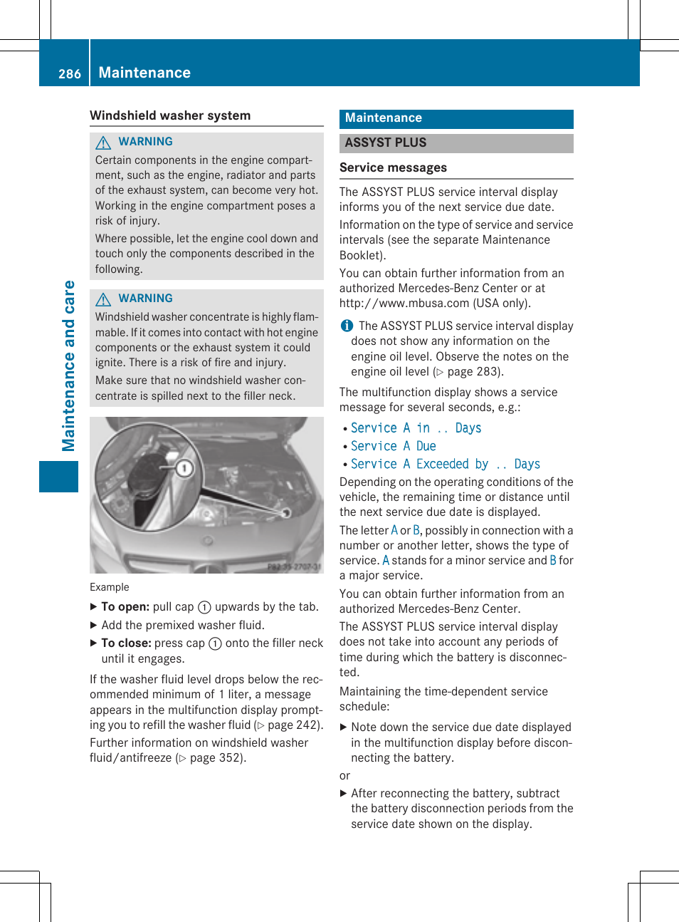 Mainten ance and care, Maintenance | Mercedes-Benz CLA-Class 2014 Owners Manual User Manual | Page 288 / 358