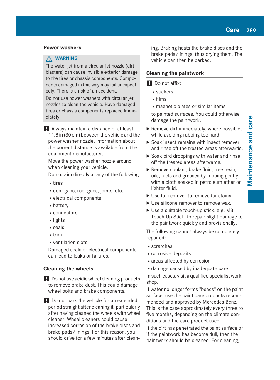 Maintenance and care, Care | Mercedes-Benz CLA-Class 2014 Owners Manual User Manual | Page 291 / 358