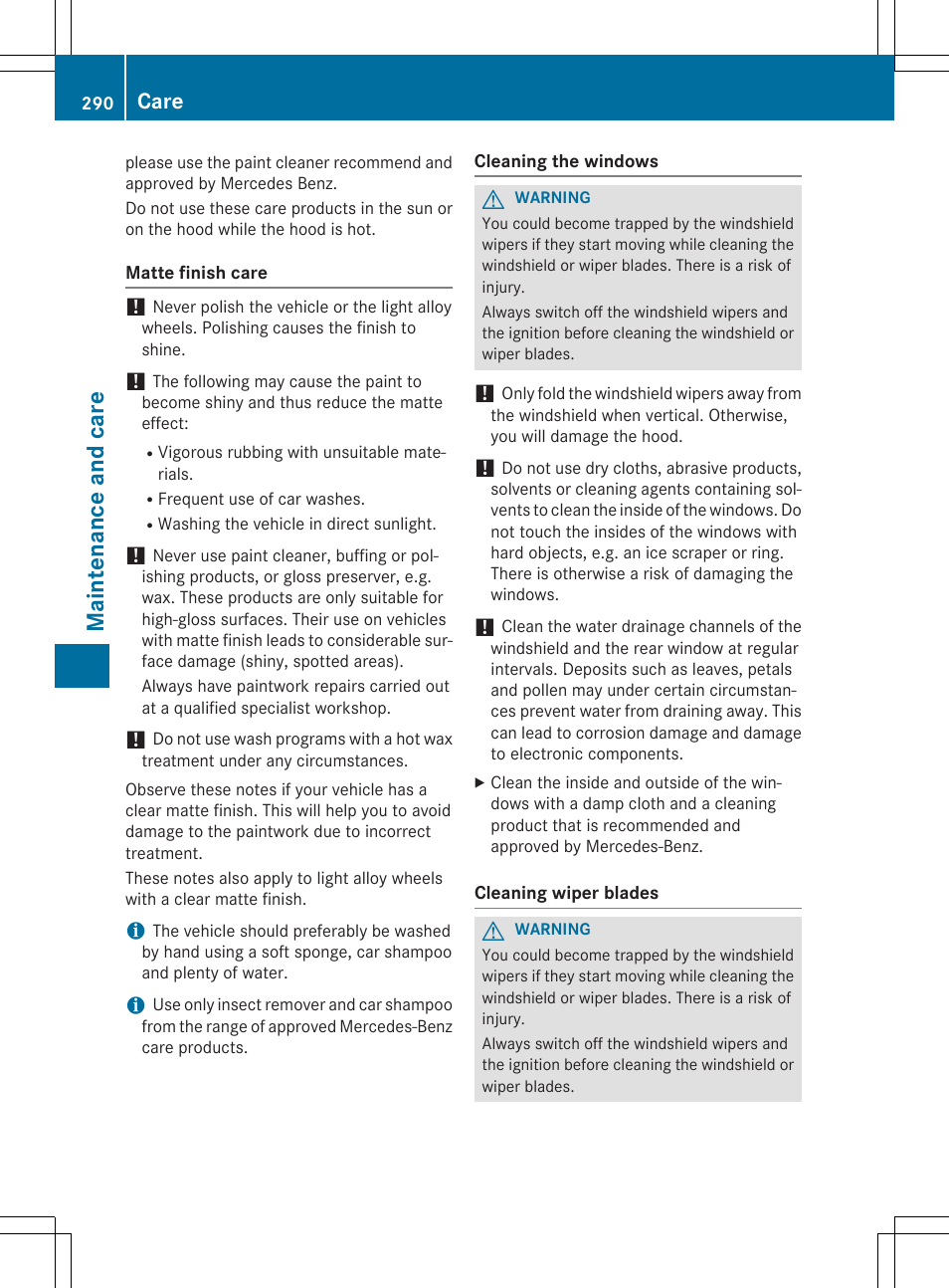 Maint enance and care, Care | Mercedes-Benz CLA-Class 2014 Owners Manual User Manual | Page 292 / 358