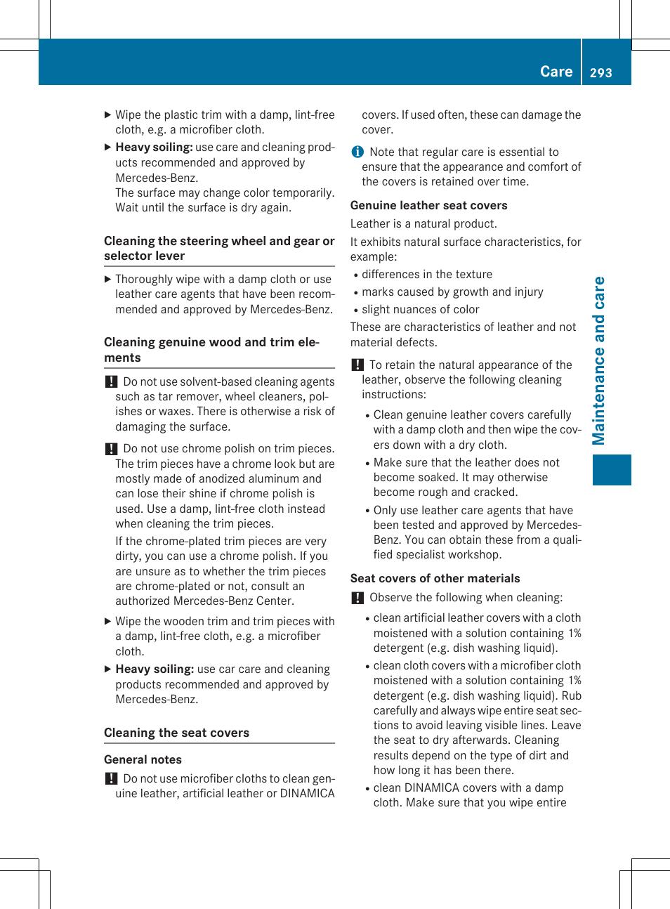 Maint enance and care, Care | Mercedes-Benz CLA-Class 2014 Owners Manual User Manual | Page 295 / 358