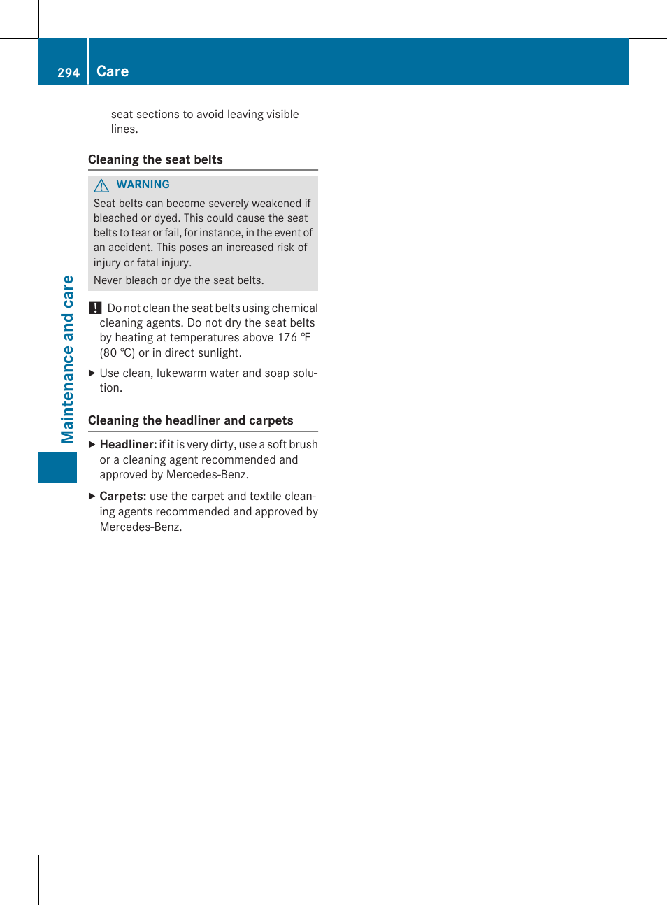 Maintenance and care, Care | Mercedes-Benz CLA-Class 2014 Owners Manual User Manual | Page 296 / 358