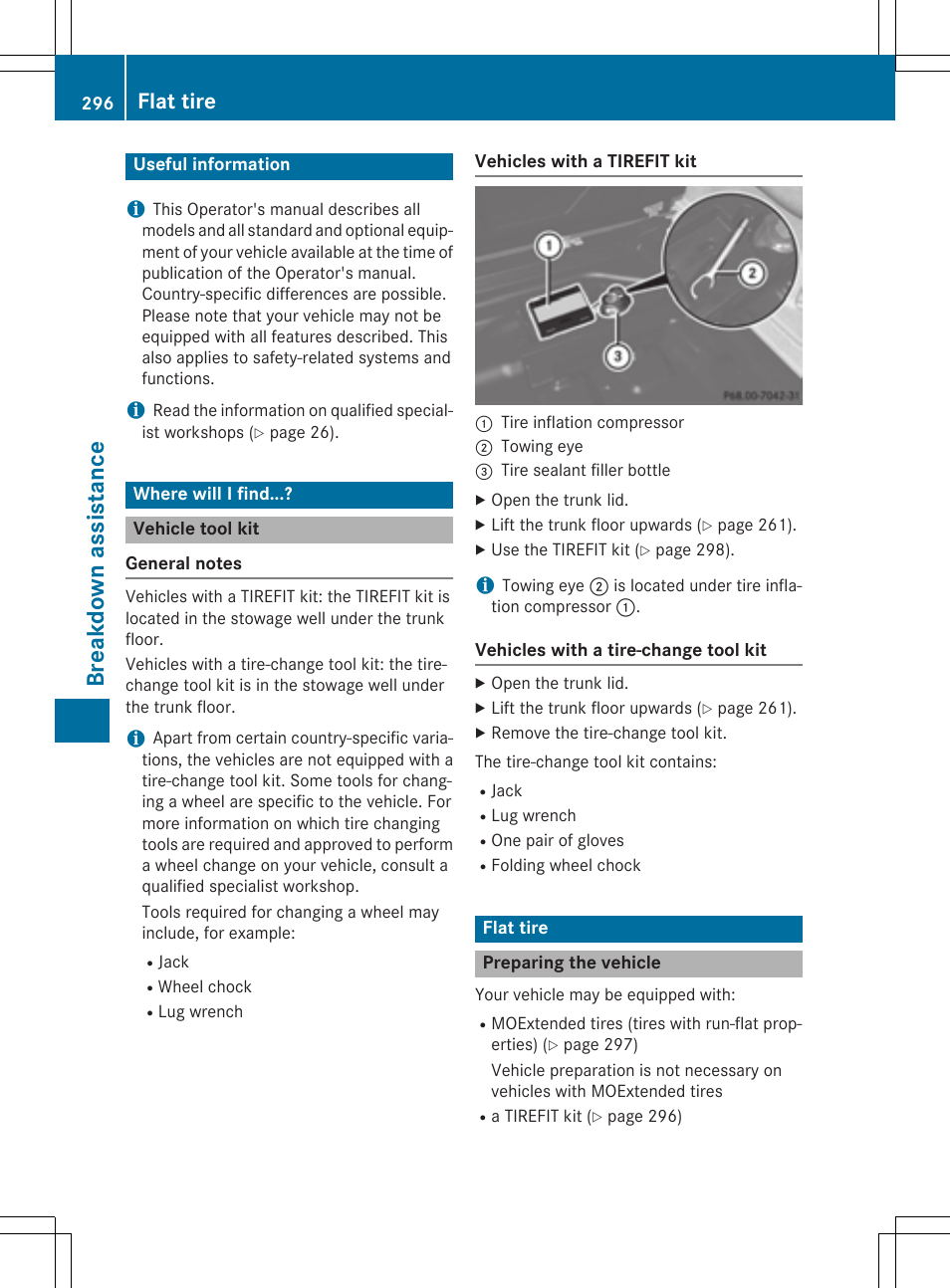 Breakd own assist ance, Flat tire | Mercedes-Benz CLA-Class 2014 Owners Manual User Manual | Page 298 / 358