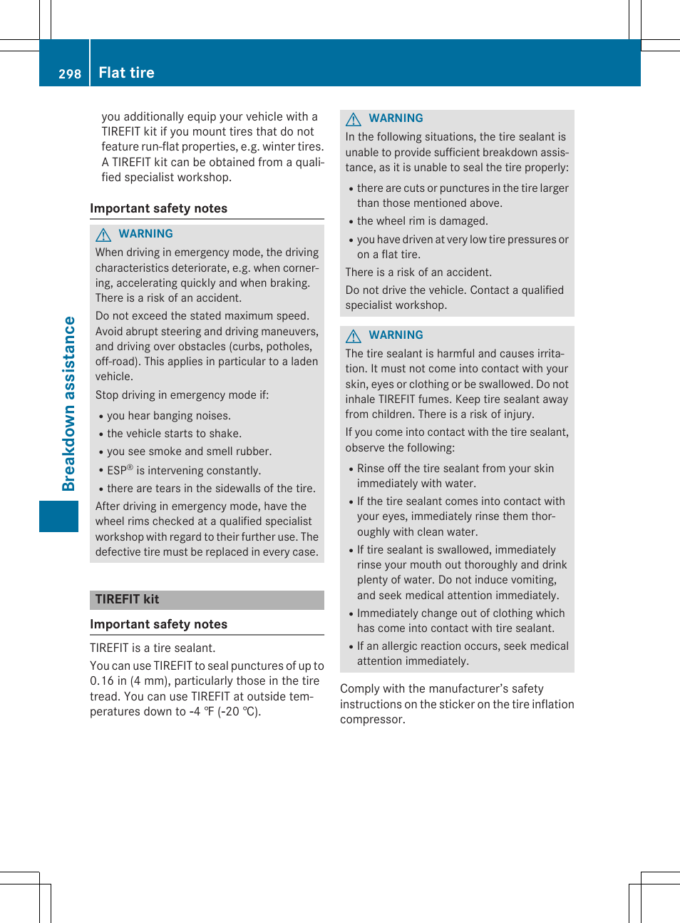 Bre akdo wn as sis tan ce, Flat tire | Mercedes-Benz CLA-Class 2014 Owners Manual User Manual | Page 300 / 358