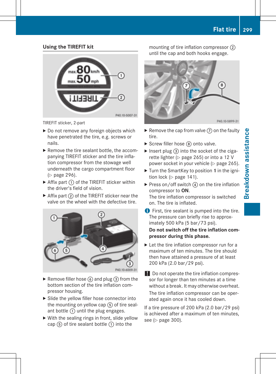 Breakd own assist ance, Flat tire | Mercedes-Benz CLA-Class 2014 Owners Manual User Manual | Page 301 / 358