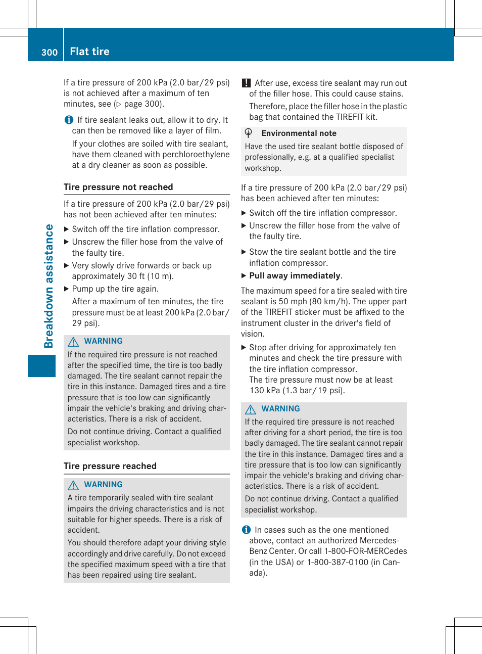 Breakdown assistance, Flat tire | Mercedes-Benz CLA-Class 2014 Owners Manual User Manual | Page 302 / 358