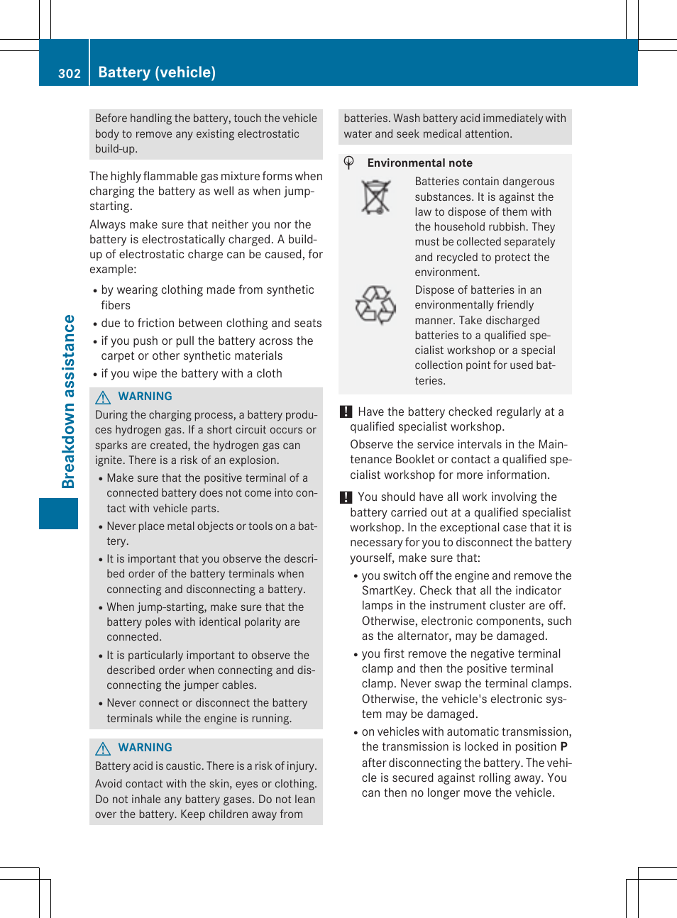 Breakdow n assi stanc e, Battery (vehicle) | Mercedes-Benz CLA-Class 2014 Owners Manual User Manual | Page 304 / 358