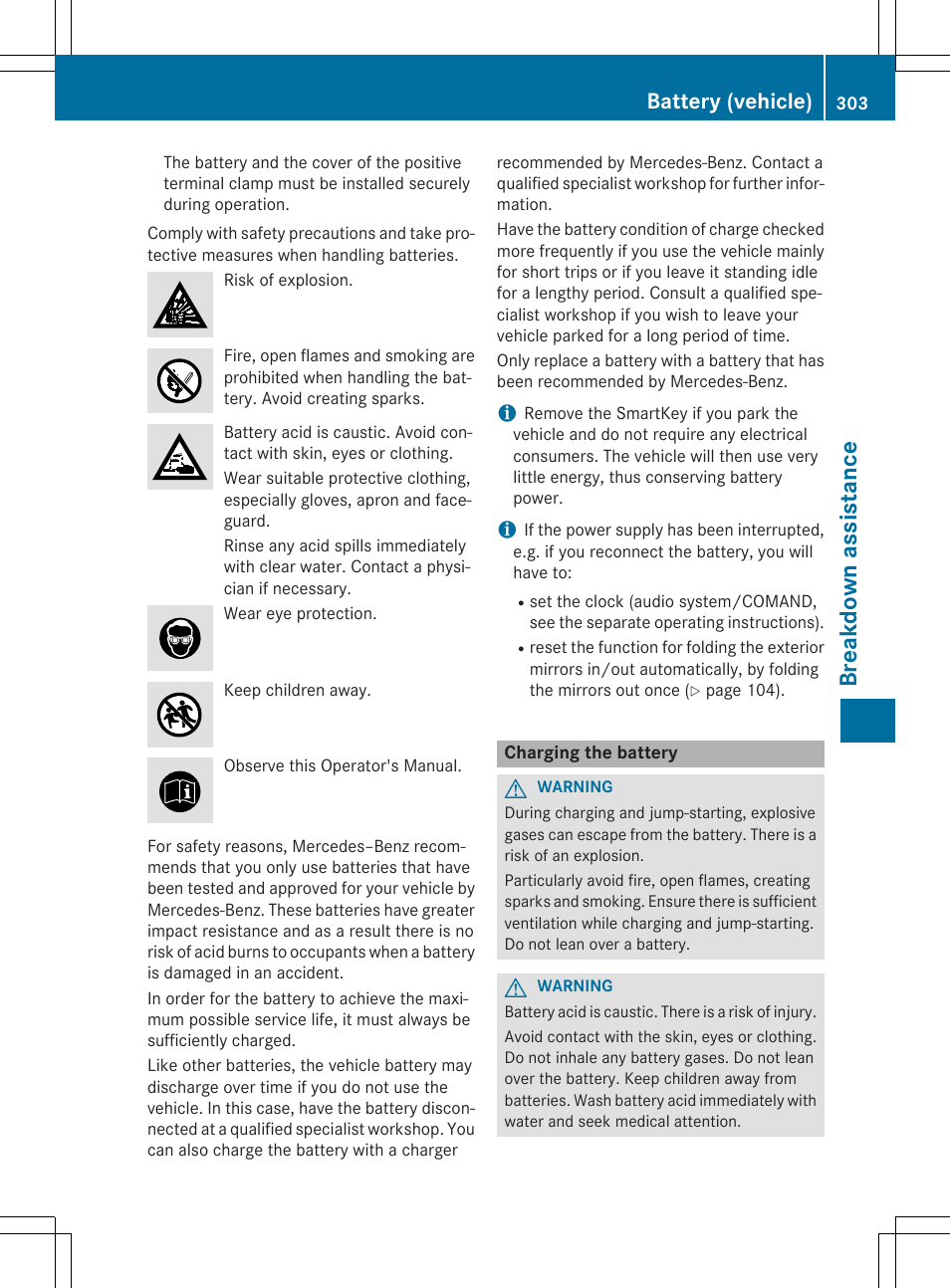 Breakdown assistance, Battery (vehicle) | Mercedes-Benz CLA-Class 2014 Owners Manual User Manual | Page 305 / 358