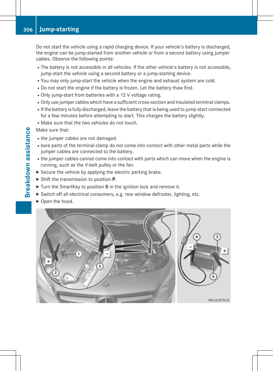Break dow n ass is tanc e, Jump-starting | Mercedes-Benz CLA-Class 2014 Owners Manual User Manual | Page 308 / 358