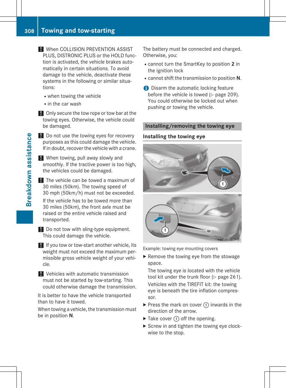 Breakdown assistance, Towing and tow-starting | Mercedes-Benz CLA-Class 2014 Owners Manual User Manual | Page 310 / 358