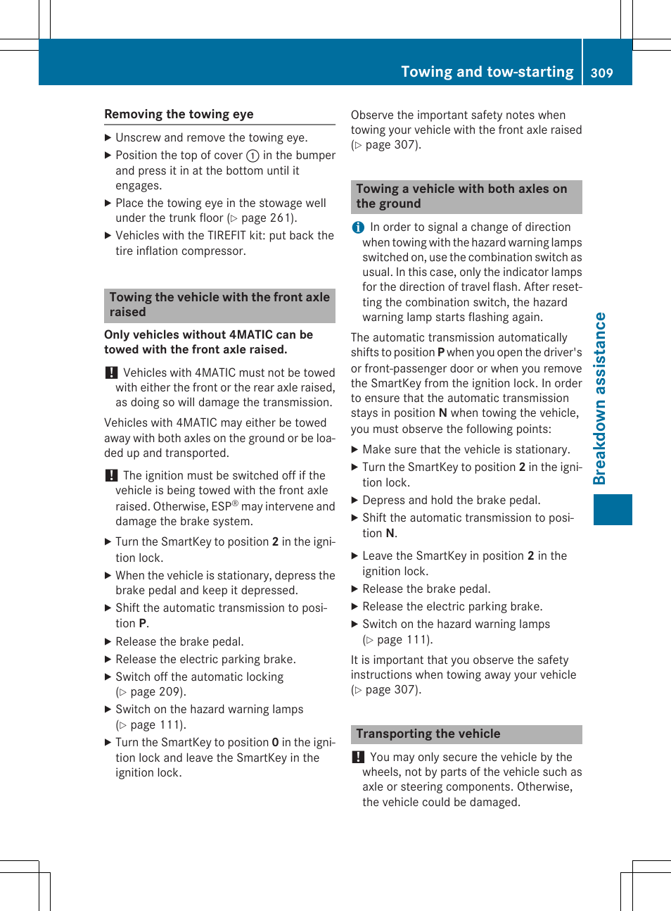Breakdo wn ass is tanc e, Towing and tow-starting | Mercedes-Benz CLA-Class 2014 Owners Manual User Manual | Page 311 / 358