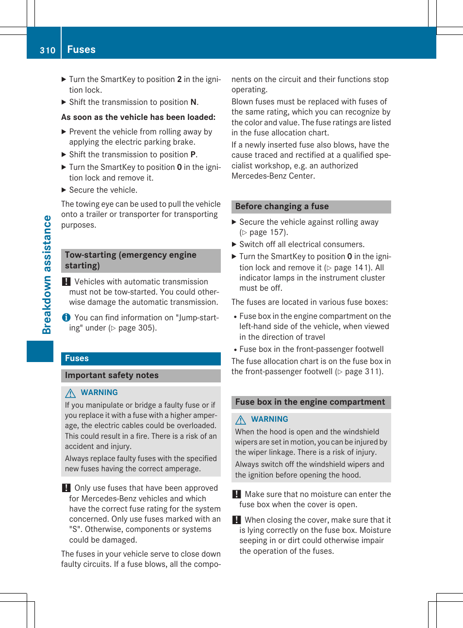 Breakdown assistance, Fuses | Mercedes-Benz CLA-Class 2014 Owners Manual User Manual | Page 312 / 358