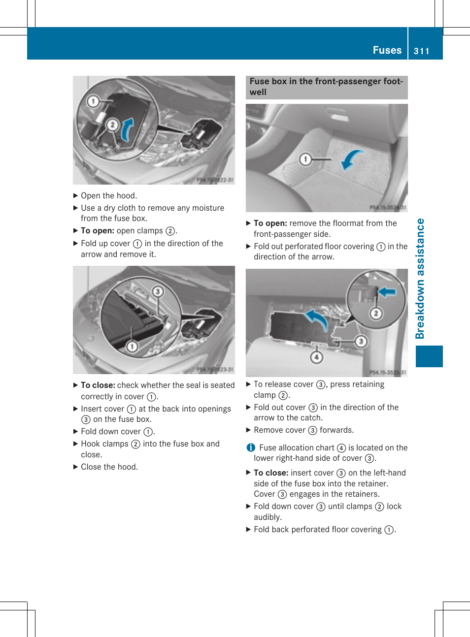 Breakdown assistance, Fuses | Mercedes-Benz CLA-Class 2014 Owners Manual User Manual | Page 313 / 358