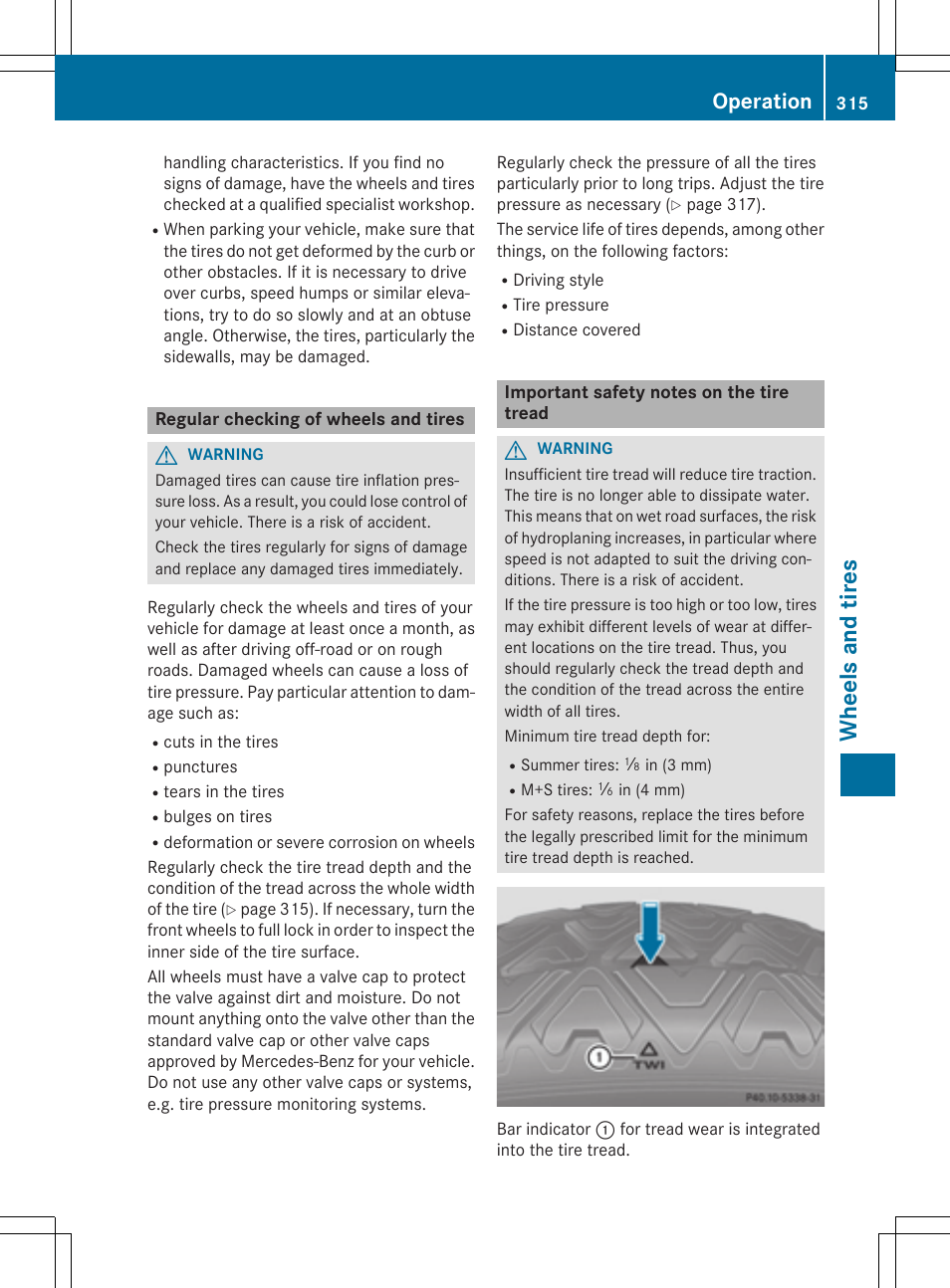 Wheels and tires, Operation | Mercedes-Benz CLA-Class 2014 Owners Manual User Manual | Page 317 / 358