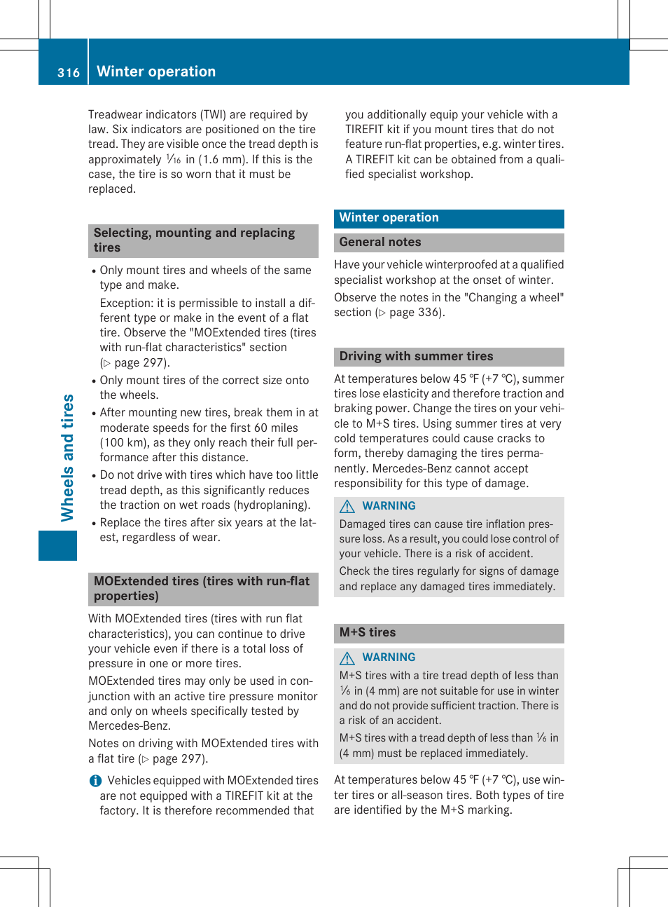 Whee ls and tires, Winter operation | Mercedes-Benz CLA-Class 2014 Owners Manual User Manual | Page 318 / 358