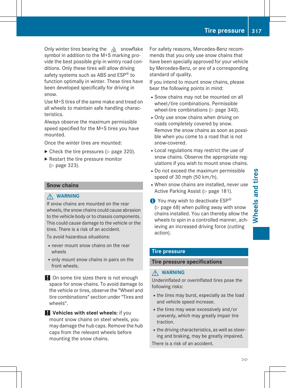 Wheels and tires, Tire pressure | Mercedes-Benz CLA-Class 2014 Owners Manual User Manual | Page 319 / 358