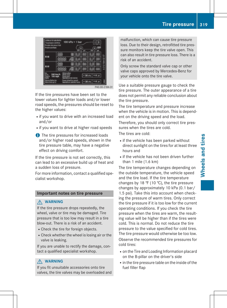 Wheels and tires, Tire pressure | Mercedes-Benz CLA-Class 2014 Owners Manual User Manual | Page 321 / 358