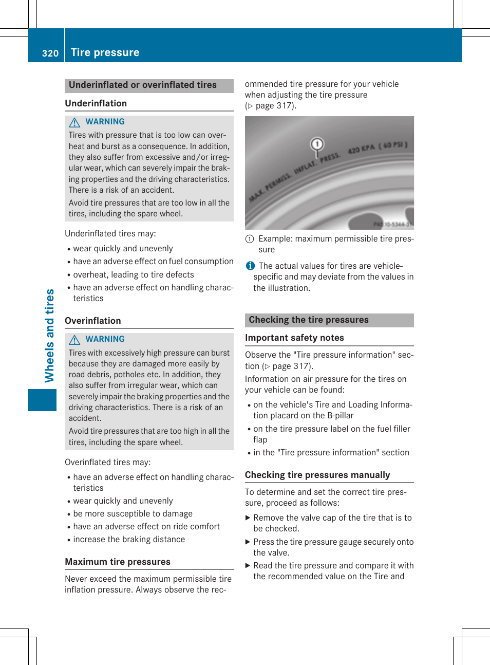Wheels and tires, Tire pressure | Mercedes-Benz CLA-Class 2014 Owners Manual User Manual | Page 322 / 358