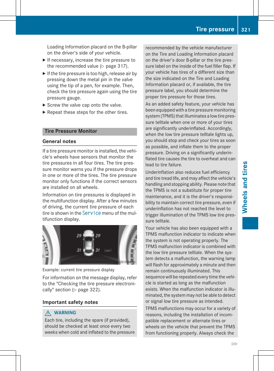 Wheels and tires, Tire pressure | Mercedes-Benz CLA-Class 2014 Owners Manual User Manual | Page 323 / 358