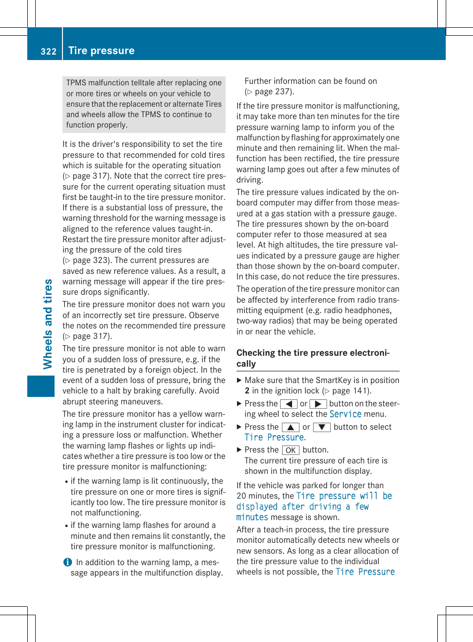Wheels and tires, Tire pressure | Mercedes-Benz CLA-Class 2014 Owners Manual User Manual | Page 324 / 358