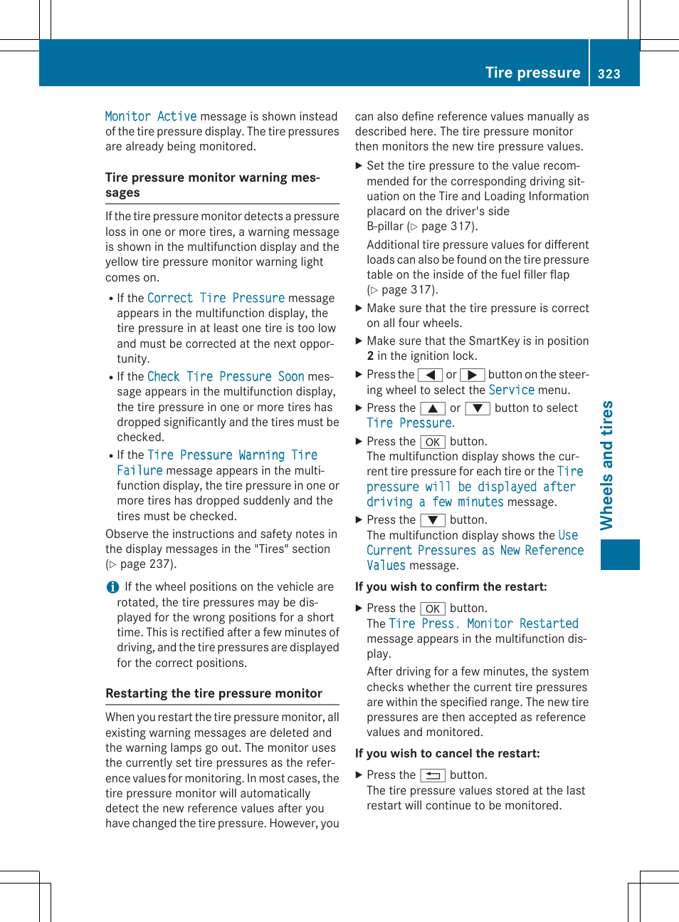 Wheels and tires, Tire pressure | Mercedes-Benz CLA-Class 2014 Owners Manual User Manual | Page 325 / 358