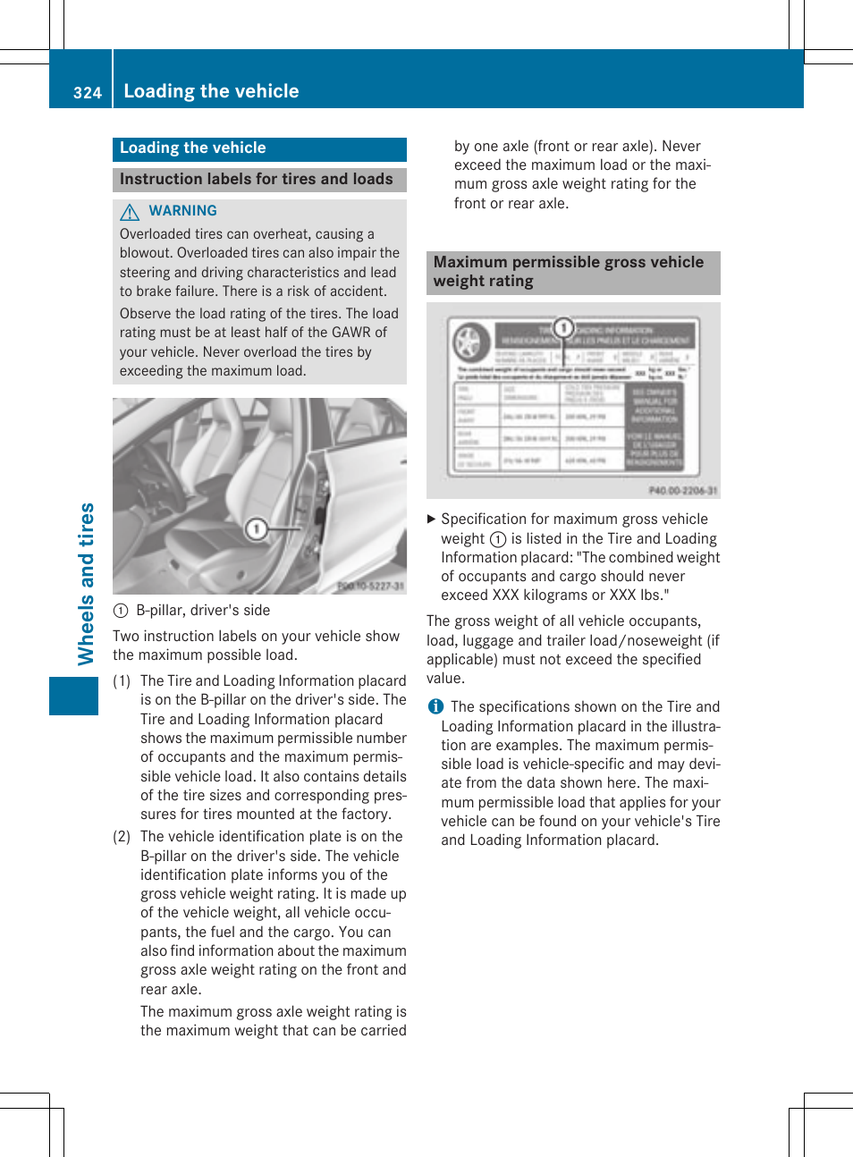 Wh eels and tir es, Loading the vehicle | Mercedes-Benz CLA-Class 2014 Owners Manual User Manual | Page 326 / 358