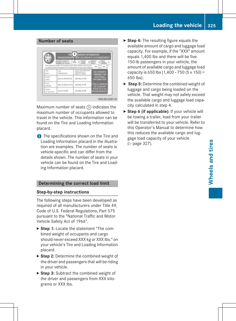 Wheels and tires, Loading the vehicle | Mercedes-Benz CLA-Class 2014 Owners Manual User Manual | Page 327 / 358