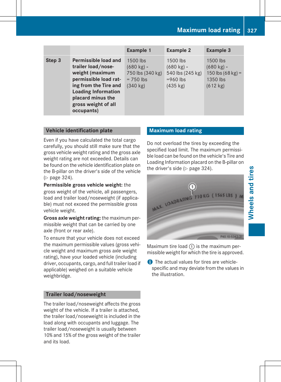 Whe el s and tire s, Maximum load rating | Mercedes-Benz CLA-Class 2014 Owners Manual User Manual | Page 329 / 358