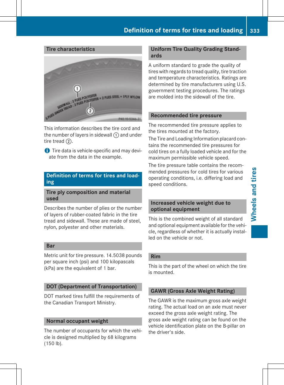 Whe el s and tire s, Definition of terms for tires and loading | Mercedes-Benz CLA-Class 2014 Owners Manual User Manual | Page 335 / 358