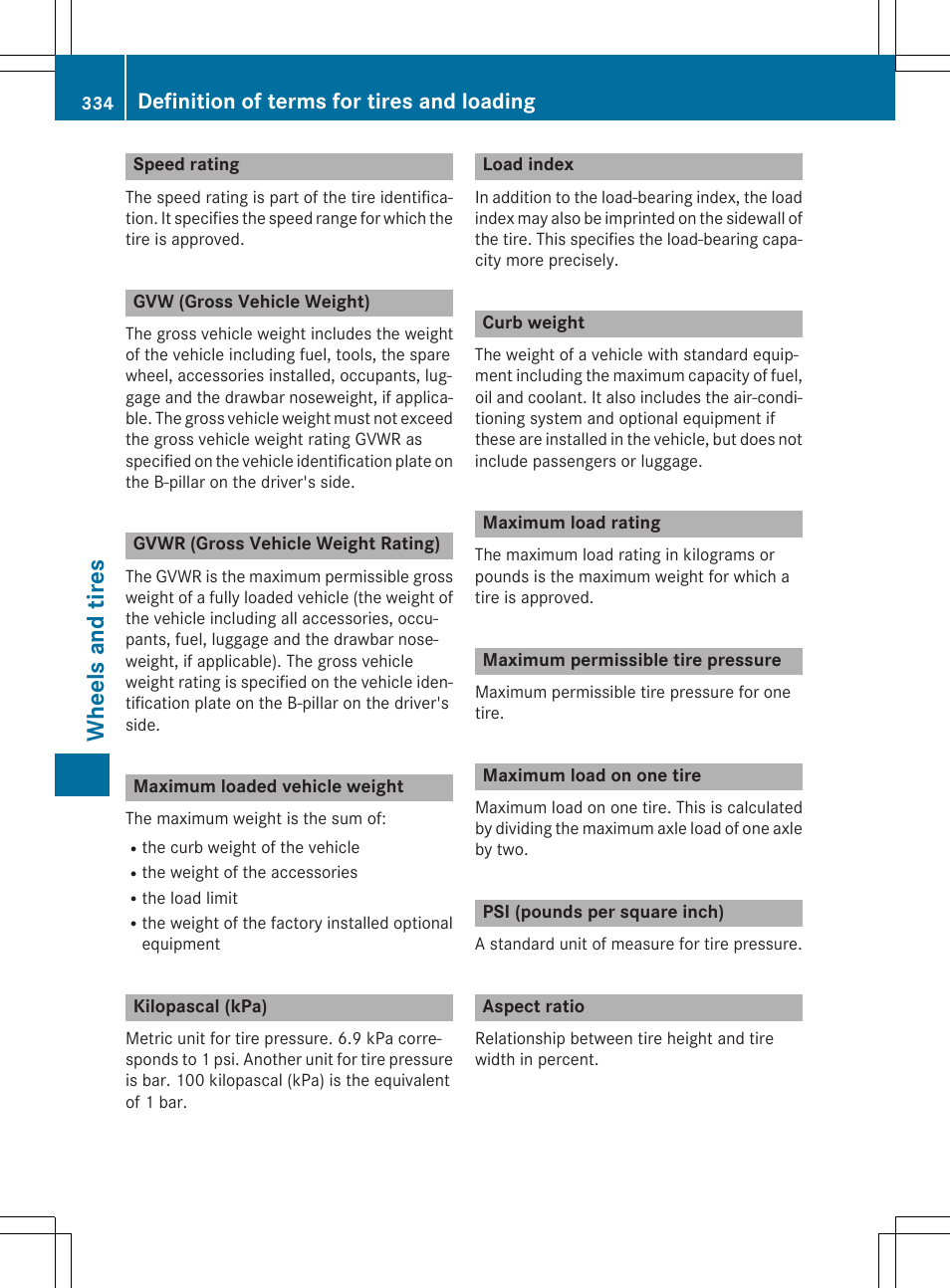 Wheels and tires, Definition of terms for tires and loading | Mercedes-Benz CLA-Class 2014 Owners Manual User Manual | Page 336 / 358