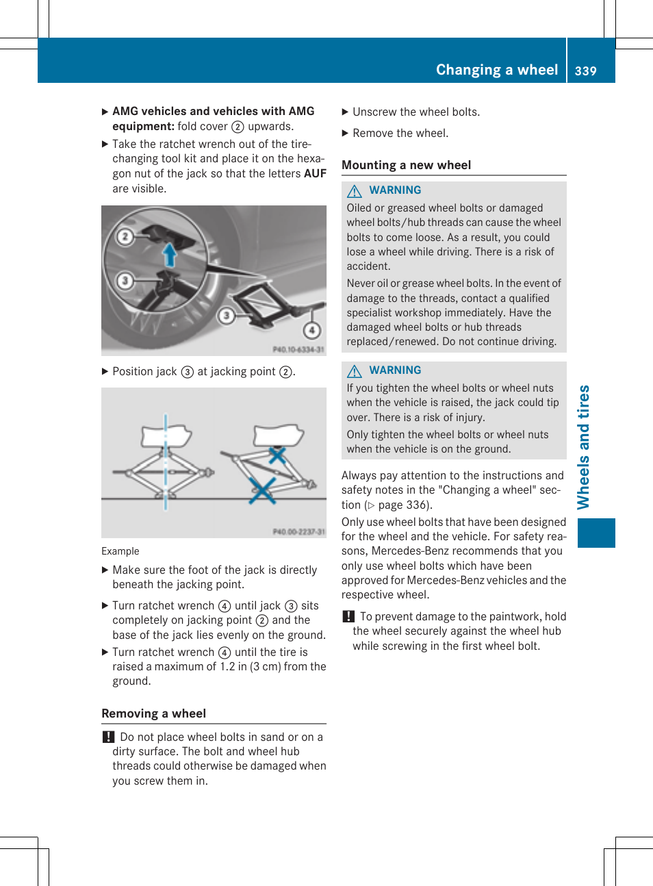 Wh eels an d tire s, Changing a wheel | Mercedes-Benz CLA-Class 2014 Owners Manual User Manual | Page 341 / 358
