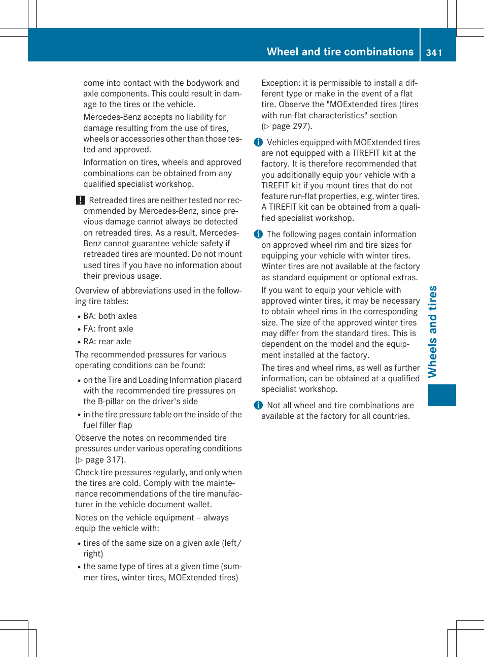 Whee ls and tires, Wheel and tire combinations | Mercedes-Benz CLA-Class 2014 Owners Manual User Manual | Page 343 / 358