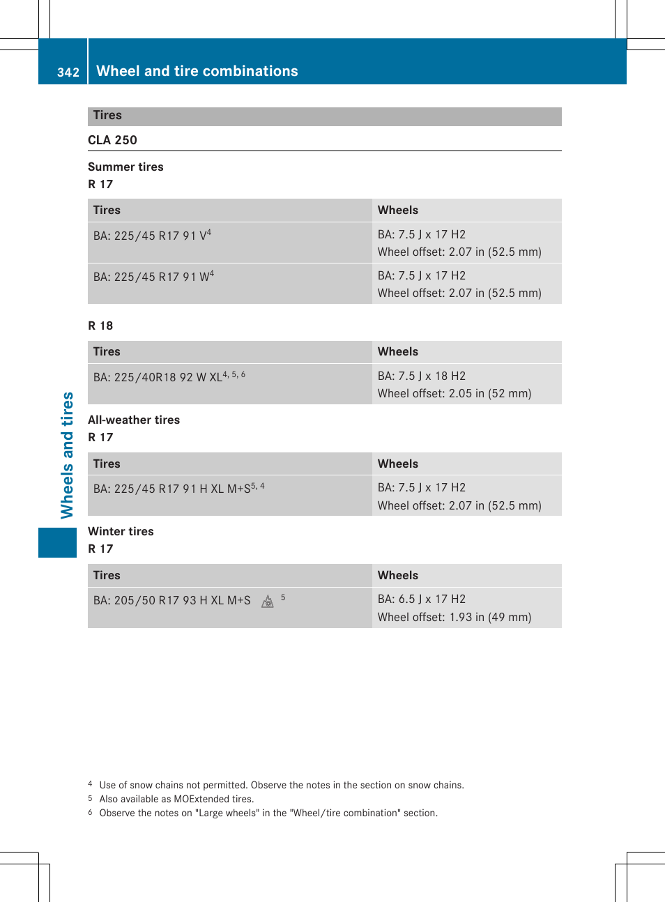 Whee ls and tires, Wheel and tire combinations | Mercedes-Benz CLA-Class 2014 Owners Manual User Manual | Page 344 / 358