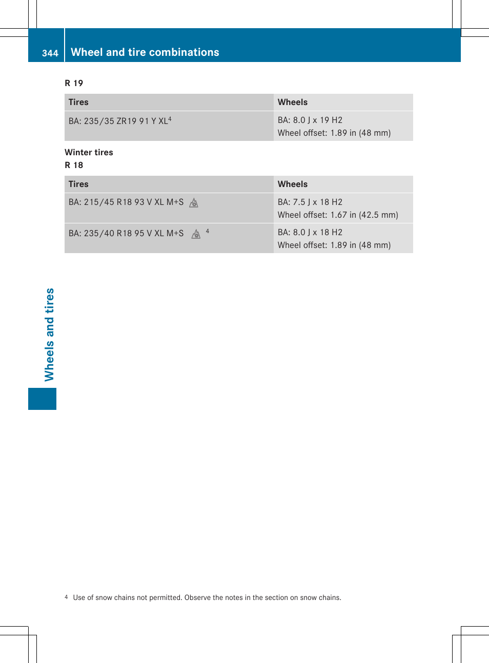 Whee ls and tires, Wheel and tire combinations | Mercedes-Benz CLA-Class 2014 Owners Manual User Manual | Page 346 / 358