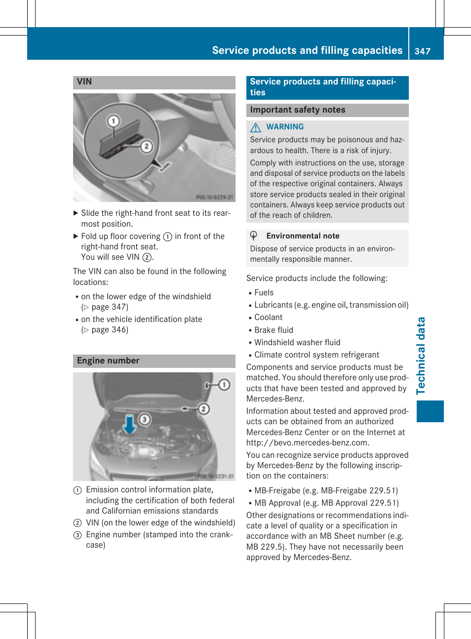 Tec hni ca ldata, Service products and filling capacities | Mercedes-Benz CLA-Class 2014 Owners Manual User Manual | Page 349 / 358