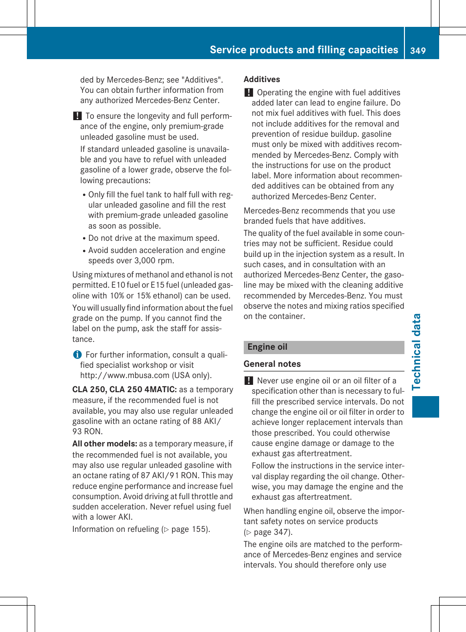 Technical data, Service products and filling capacities | Mercedes-Benz CLA-Class 2014 Owners Manual User Manual | Page 351 / 358