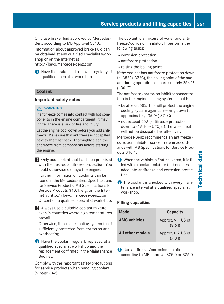 Technical data, Service products and filling capacities | Mercedes-Benz CLA-Class 2014 Owners Manual User Manual | Page 353 / 358