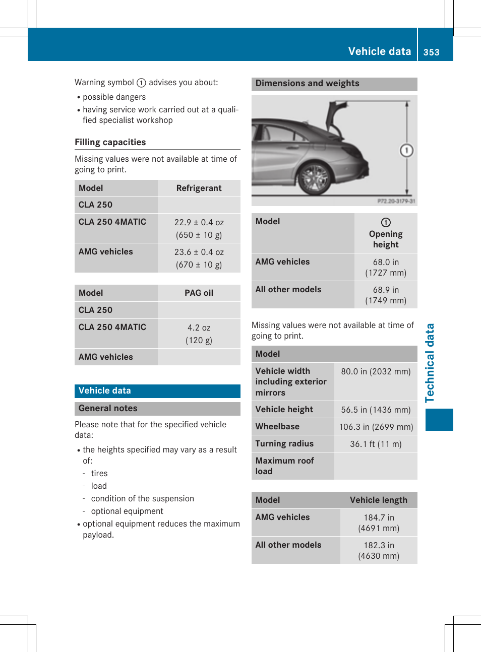 Technical data, Vehicle data | Mercedes-Benz CLA-Class 2014 Owners Manual User Manual | Page 355 / 358
