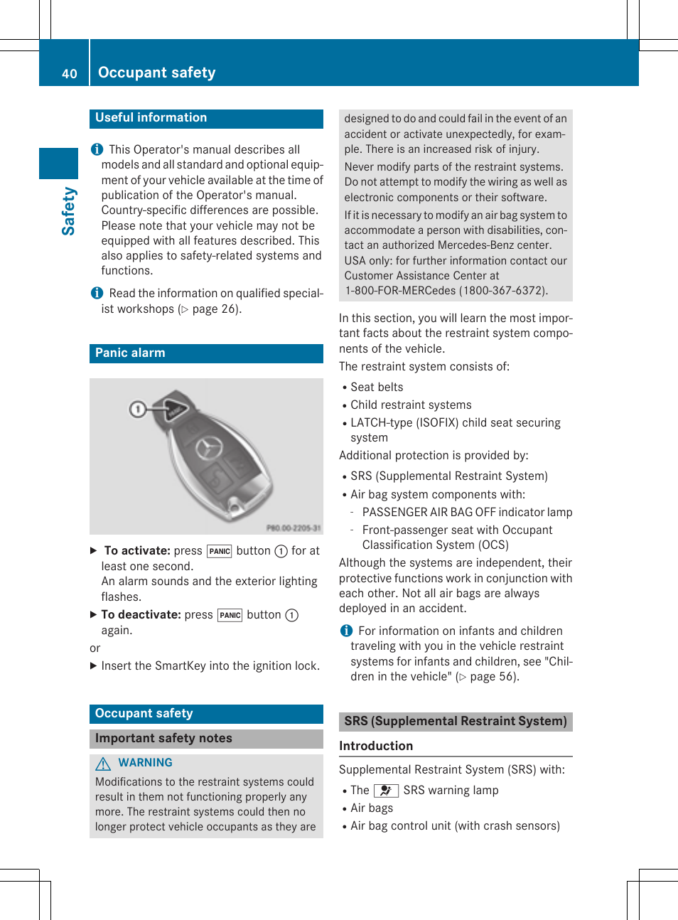 Safet y, Occupant safety | Mercedes-Benz CLA-Class 2014 Owners Manual User Manual | Page 42 / 358