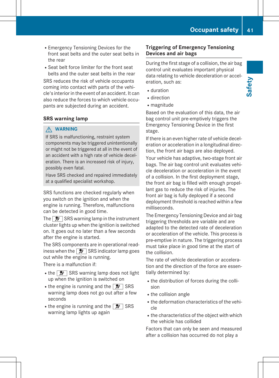 Safe ty, Occupant safety | Mercedes-Benz CLA-Class 2014 Owners Manual User Manual | Page 43 / 358