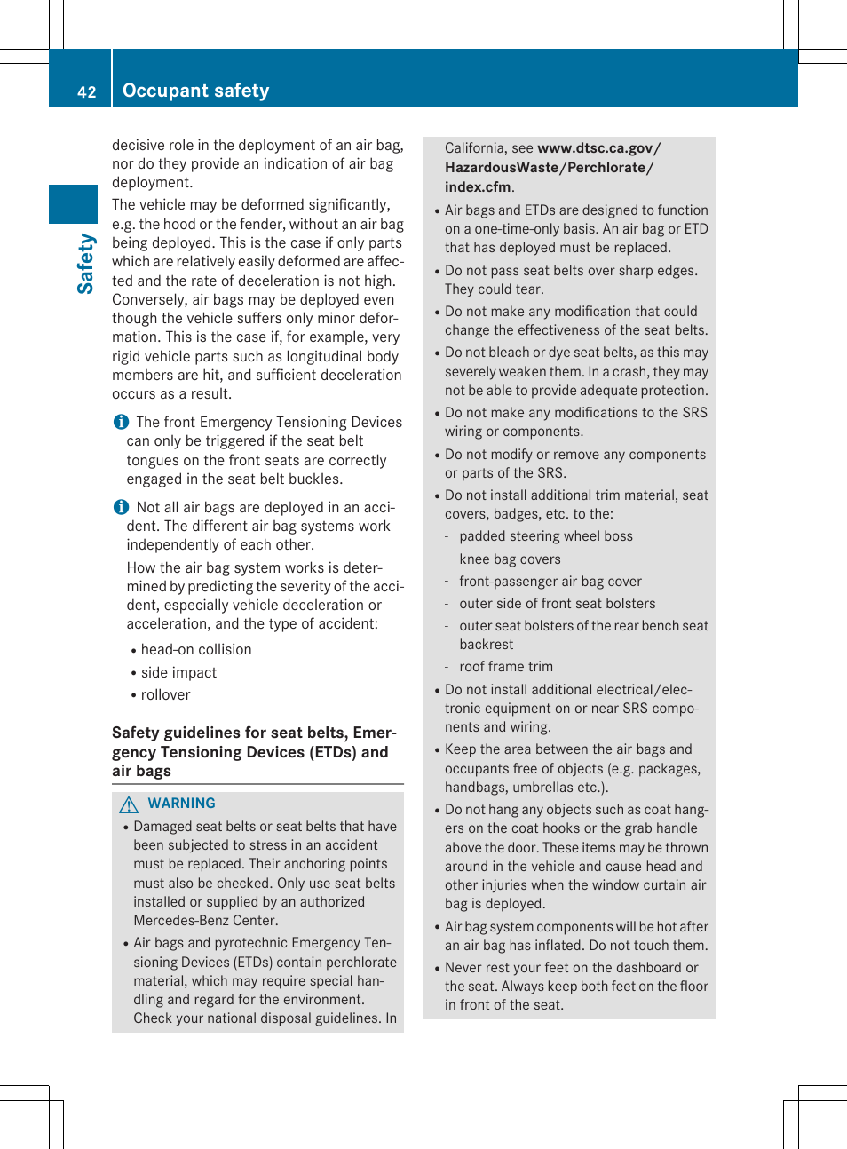 Safet y, Occupant safety | Mercedes-Benz CLA-Class 2014 Owners Manual User Manual | Page 44 / 358