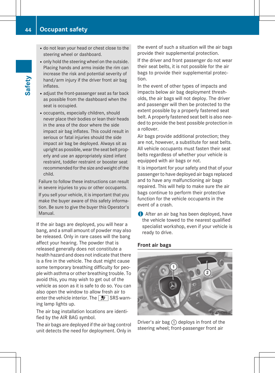 Safet y, Occupant safety | Mercedes-Benz CLA-Class 2014 Owners Manual User Manual | Page 46 / 358