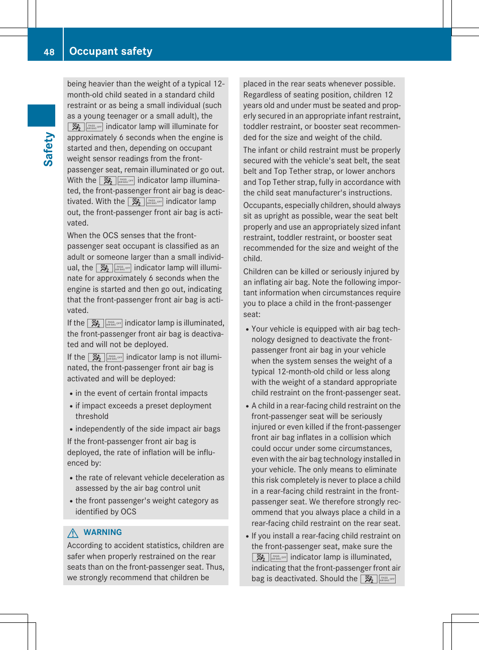 Safet y, Occupant safety | Mercedes-Benz CLA-Class 2014 Owners Manual User Manual | Page 50 / 358