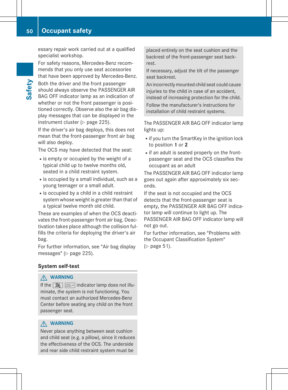 Saf ety, Occupant safety | Mercedes-Benz CLA-Class 2014 Owners Manual User Manual | Page 52 / 358