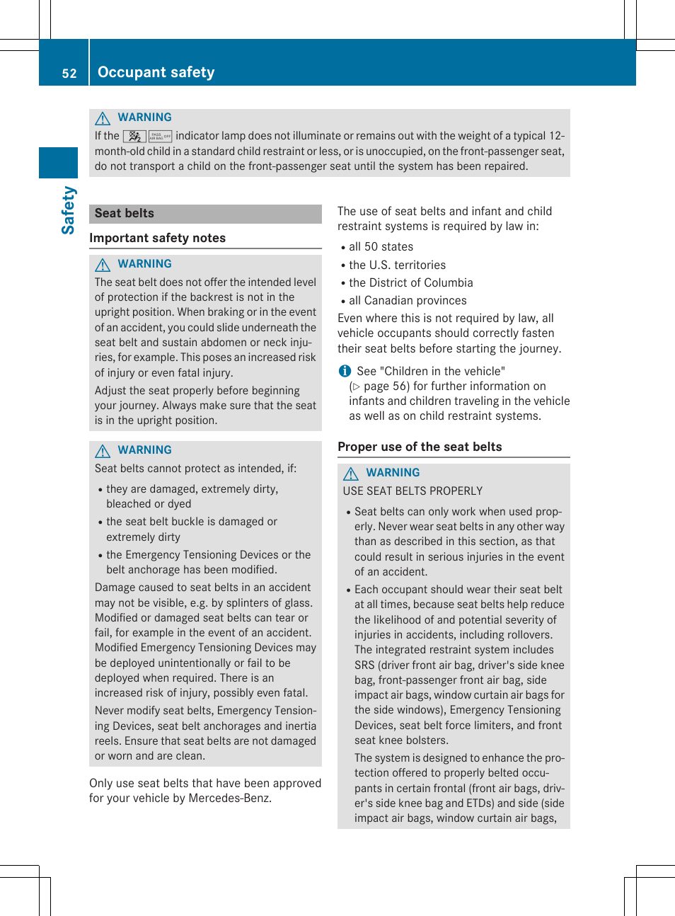 Safety, Occupant safety | Mercedes-Benz CLA-Class 2014 Owners Manual User Manual | Page 54 / 358