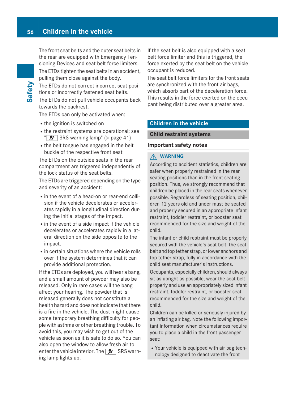 Safety, Children in the vehicle | Mercedes-Benz CLA-Class 2014 Owners Manual User Manual | Page 58 / 358