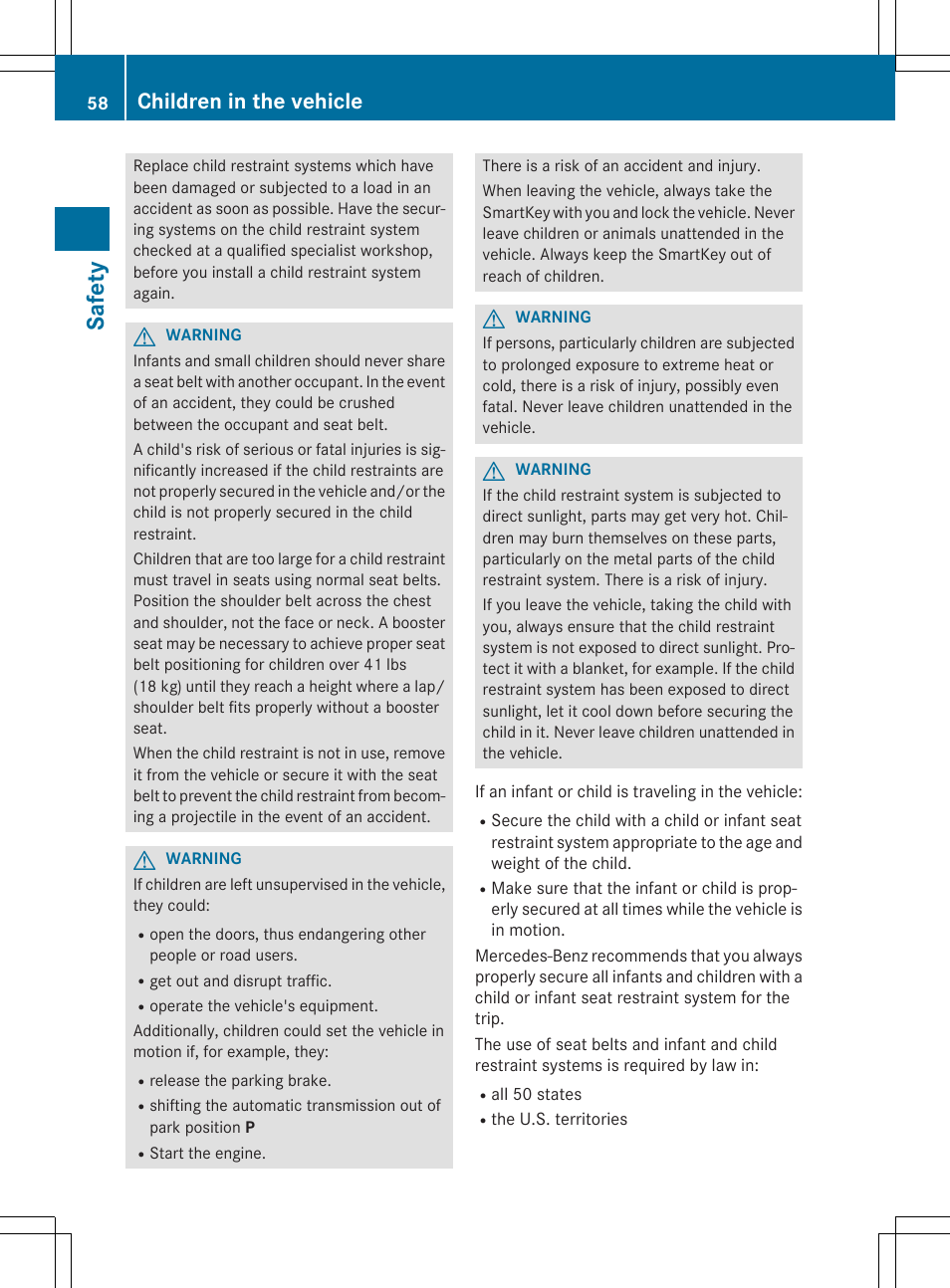 Sa fet y, Children in the vehicle | Mercedes-Benz CLA-Class 2014 Owners Manual User Manual | Page 60 / 358