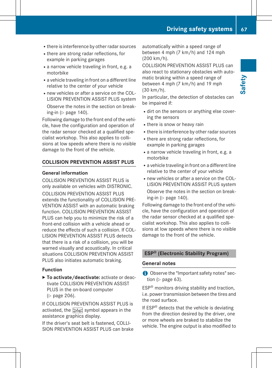 Sa fet y, Driving safety systems | Mercedes-Benz CLA-Class 2014 Owners Manual User Manual | Page 69 / 358