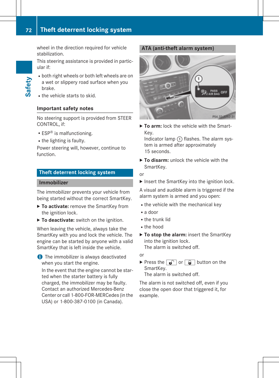 Saf ety, Theft deterrent locking system | Mercedes-Benz CLA-Class 2014 Owners Manual User Manual | Page 74 / 358