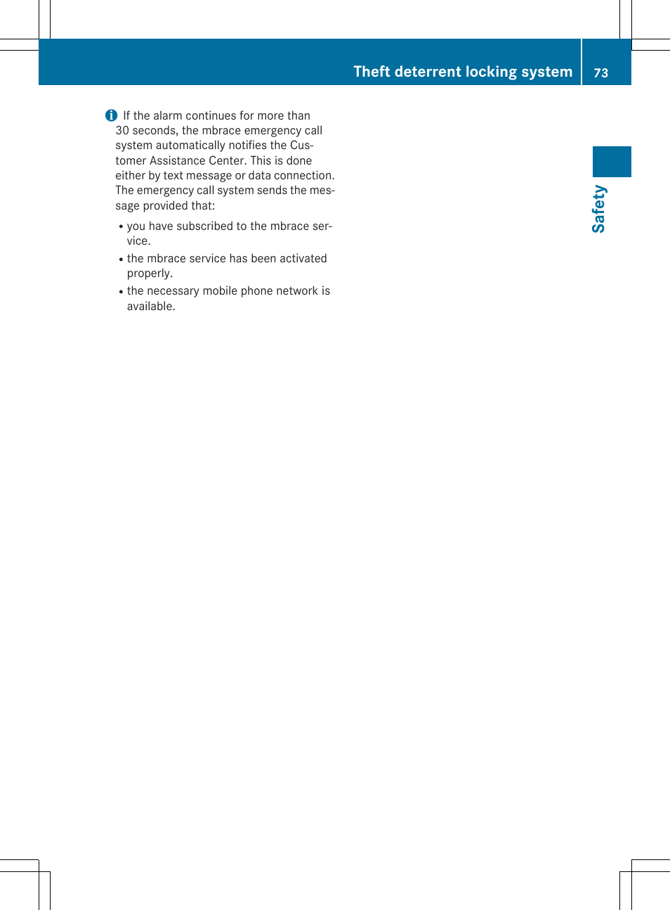 Safety, Theft deterrent locking system | Mercedes-Benz CLA-Class 2014 Owners Manual User Manual | Page 75 / 358